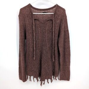Prana Sweater Brown Cable Knit Fringe Hem Womens XL‎